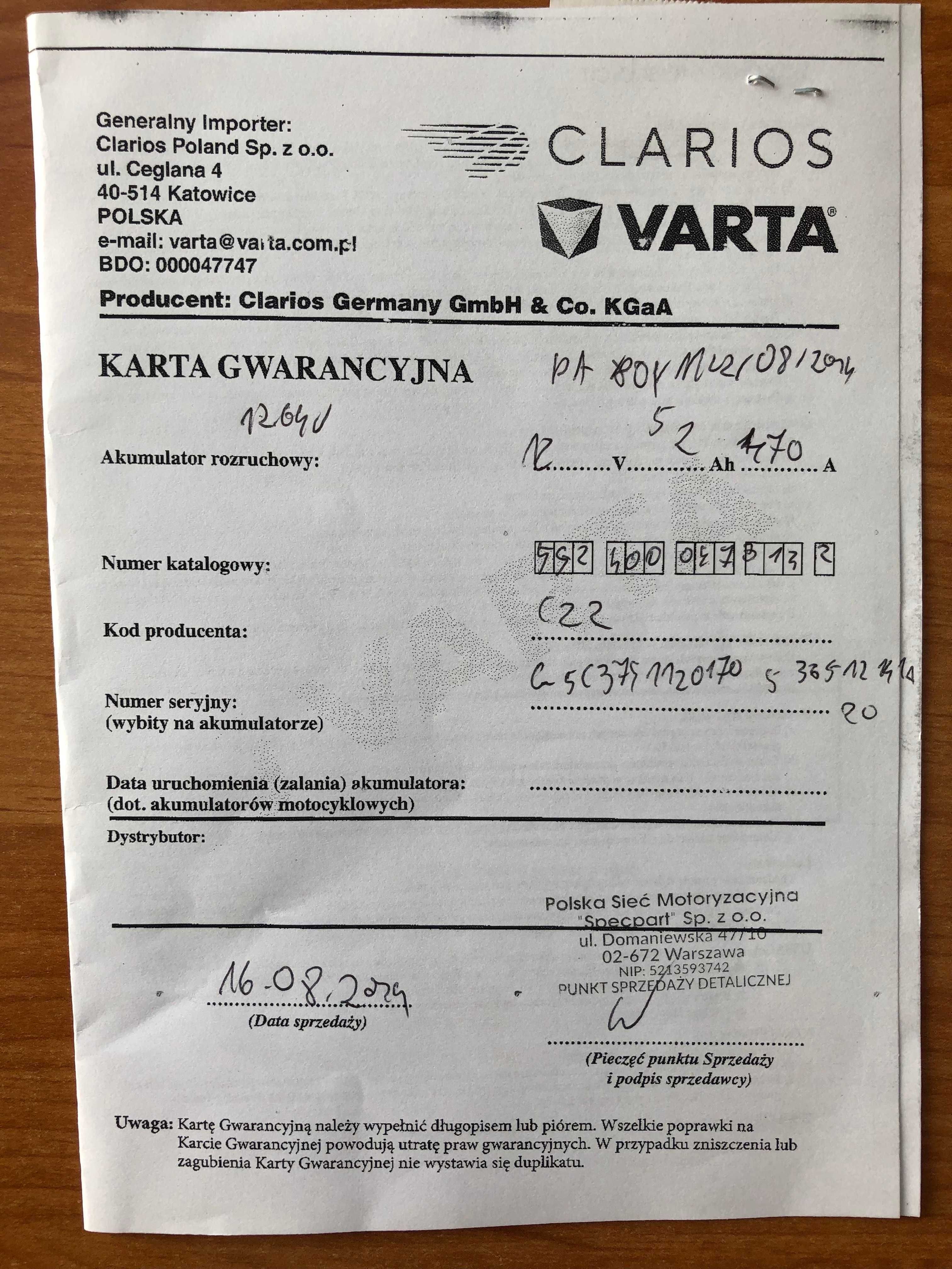 Akumulator VARTA Blue Dynamic C22 52Ah 470A Gwarancja 1 rok