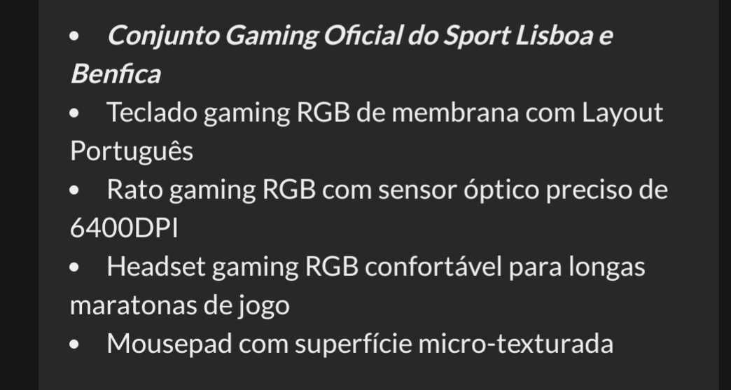 Conjunto gaming oficial Sport Lisboa e Benfica