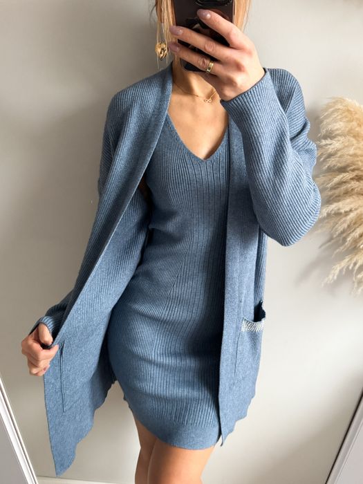 Komplet zestaw nowy dlugi kardigan sweter sukienk