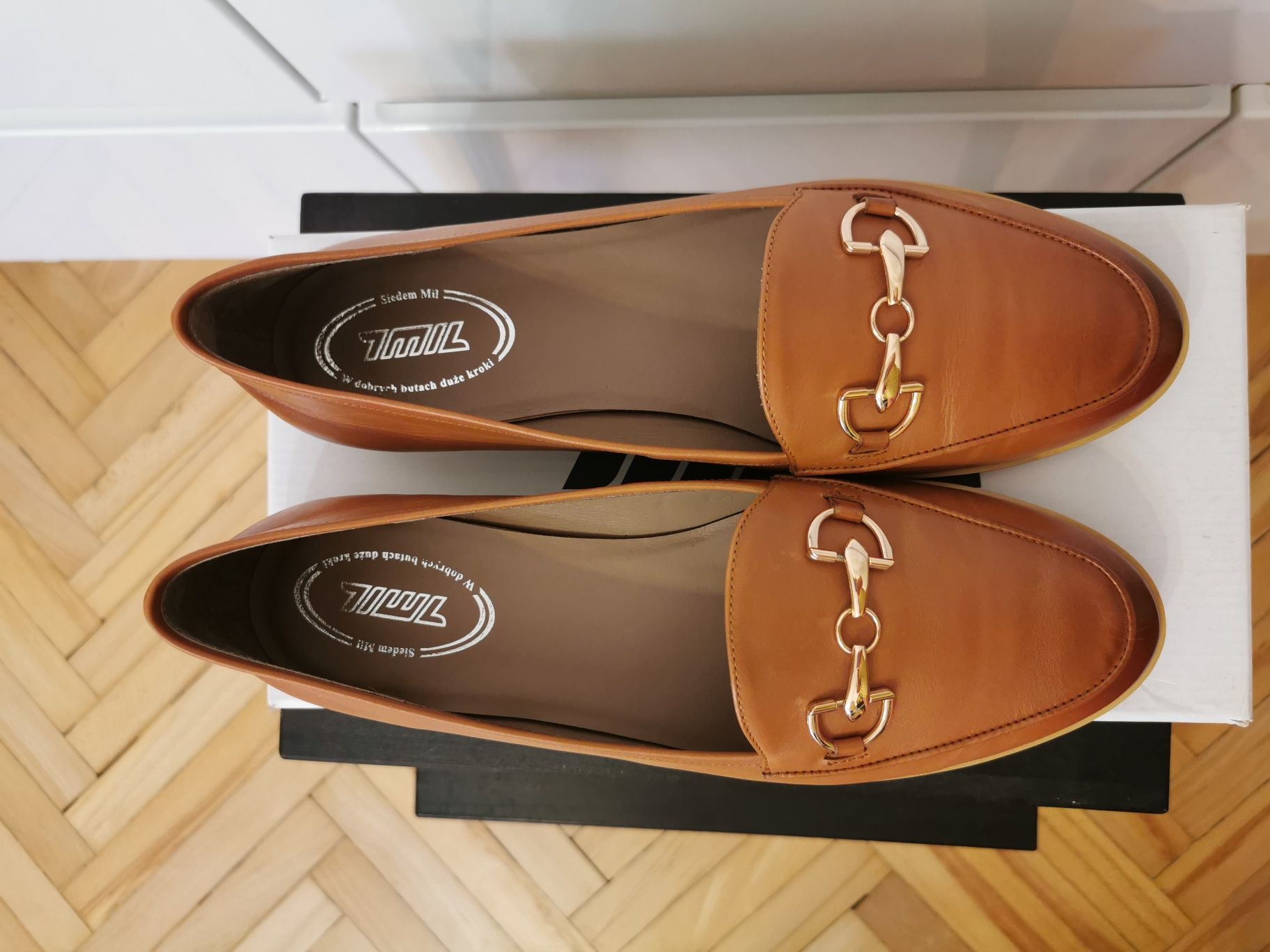 7 mil loafersy mokasyny nowe damskie 39 skóra cielęca jasny brąz
