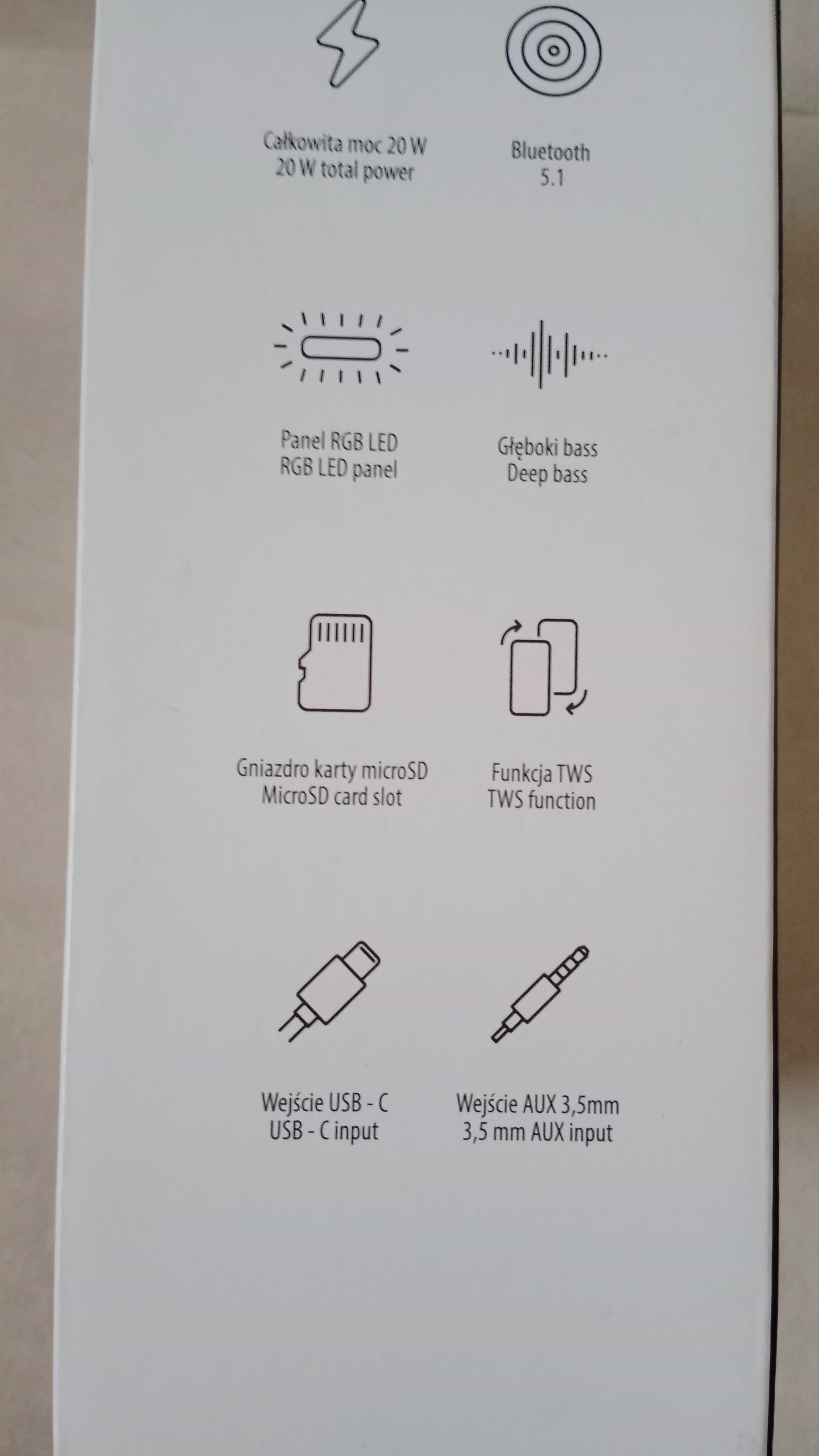 FOREVER Sonicwave, przenośny głośnik LED Bluetooth, 2x10 W