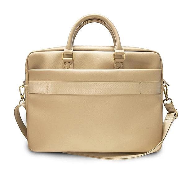 Torba Guess Saffiano Script na laptopa 16" - złota