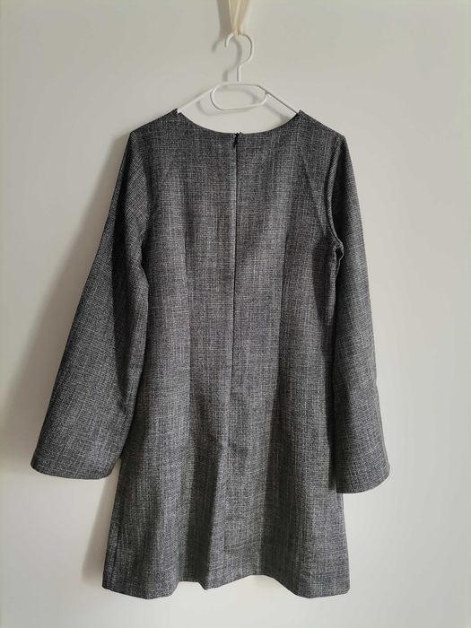 Vestido cinzento brilhante com renda preta, para Natal, Tamanho S