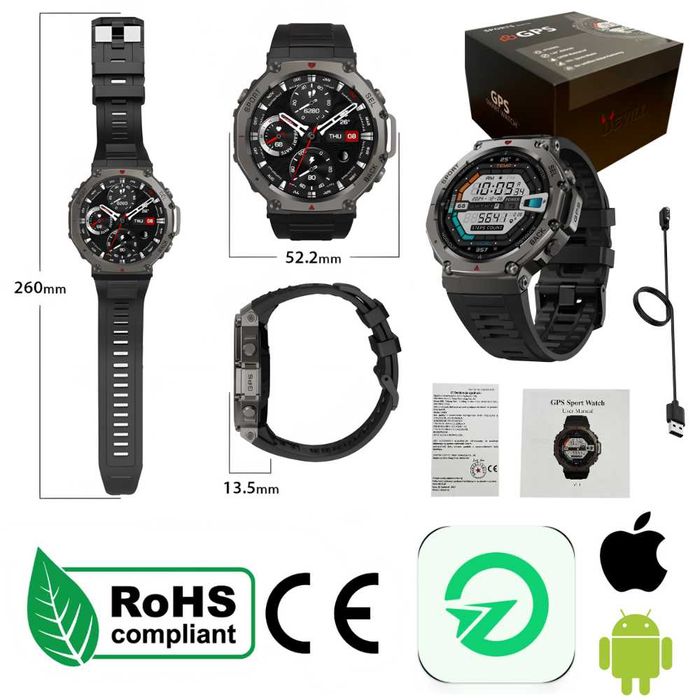 Smartwatch Męski GPS Wodoodporny Sport Amoled Menu PL Czarny Zegarek