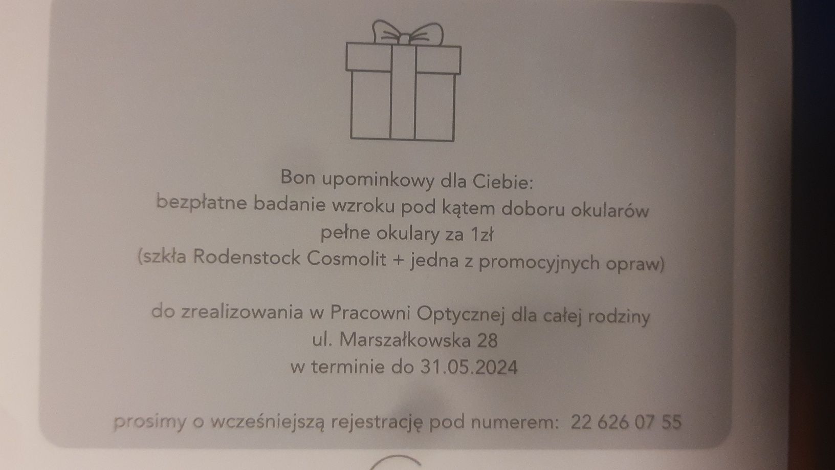 Bon upominkowy 700 zł do pracowni optycznej Warszawa badanie+okula