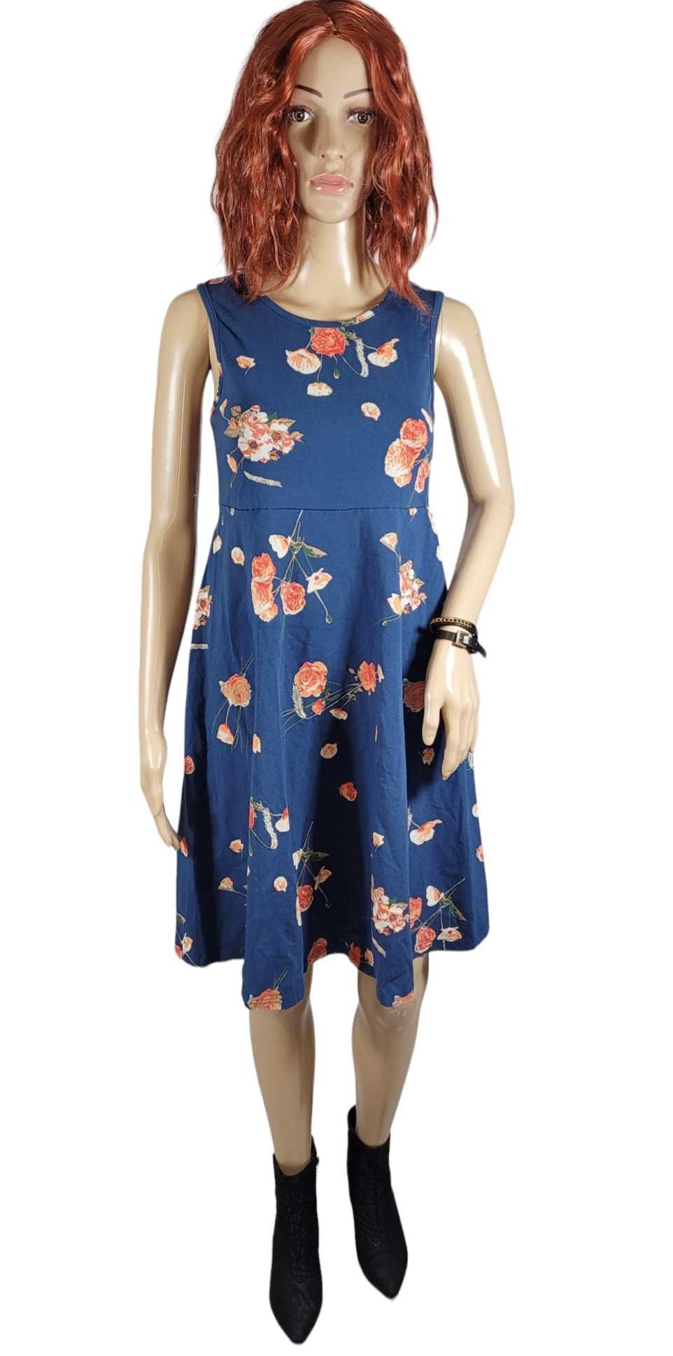 Niebieska rozkloszowana sukienka ciążowa wzór w kwiaty 32,XXS/34,XS