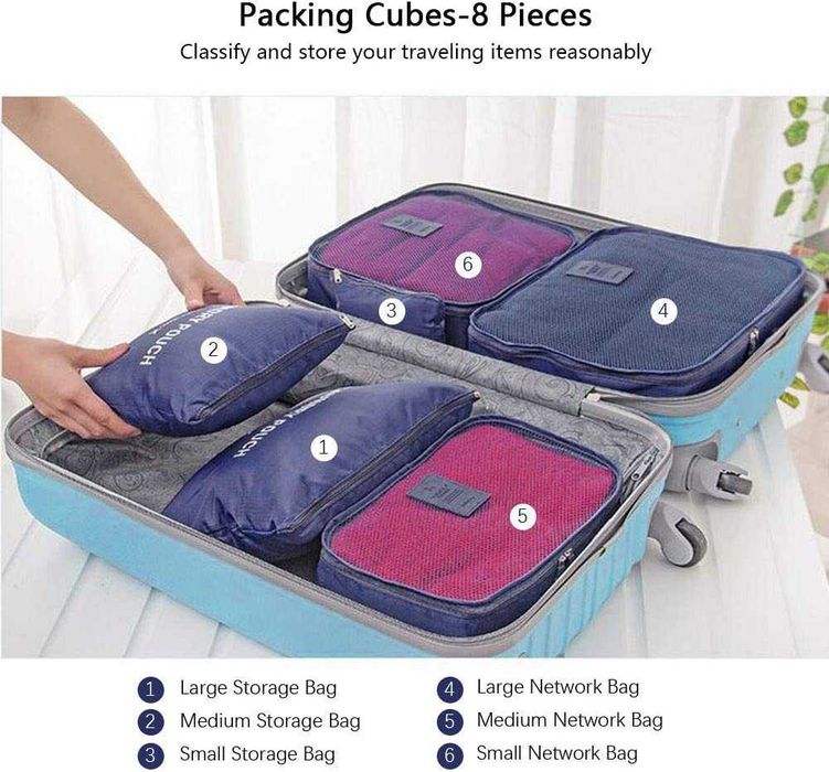 Organizador de malas de viagem , 8 peças, impermeável, Cor Azul Escuro