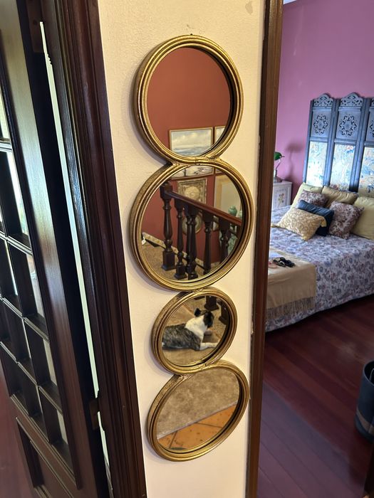 Espelho 4 circulos metal folha de ouro