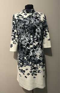 Bawelniana sukienka, biala w kwiaty, rekaw 3/4 rozmiar L,40