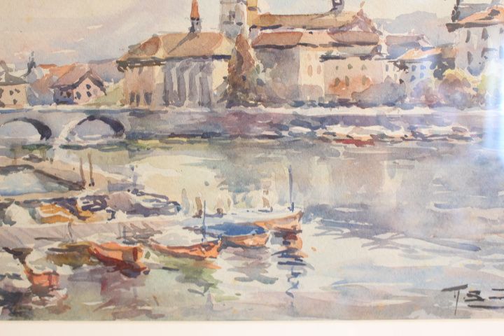 Ricardo Sacristan Arrieta (1921 a 1981) Aguarela Porto Pesca Espanhol