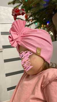 Turban czapka dziewczęca różowa , 2-3 lata , Gracja styl, hand made