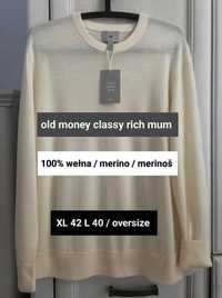 L 40 oversize kremowy sweter 100% merino wool classy old money  tall