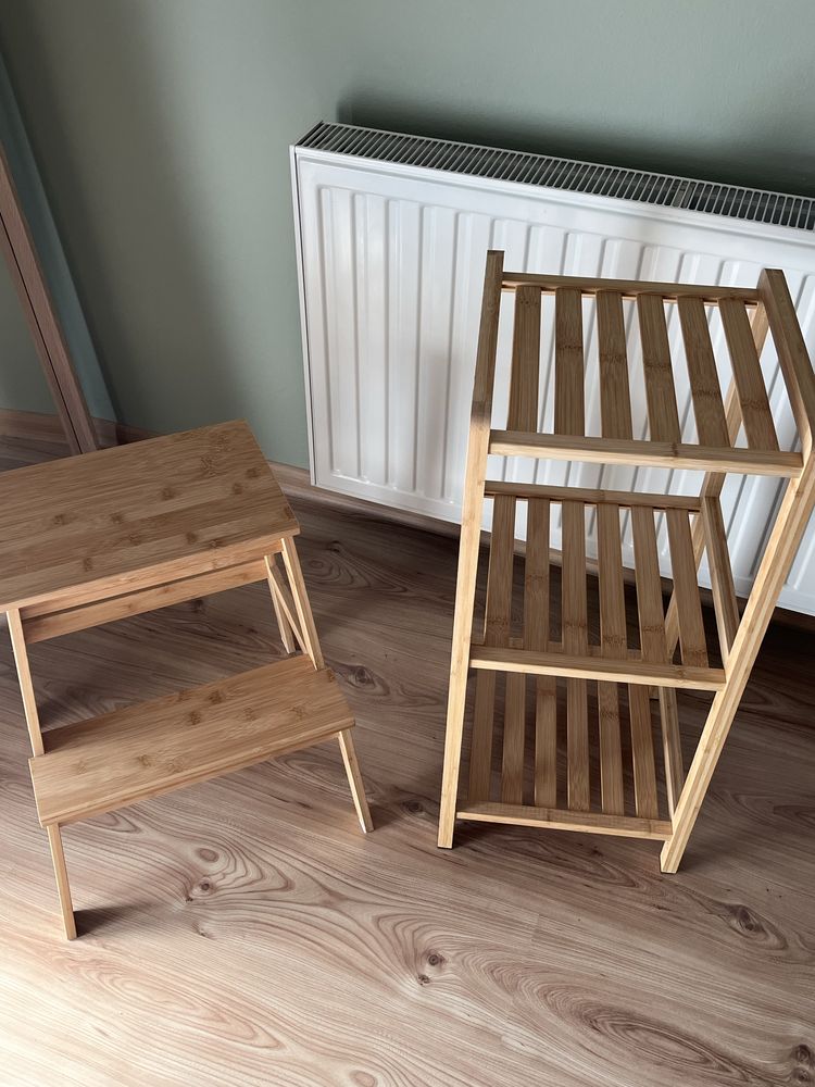 Bambusowy taboret i szfka lazienkowa