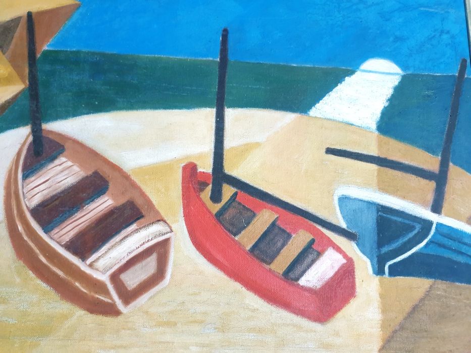 Para restauro: pintura marítima com barcos - R. Domingues
