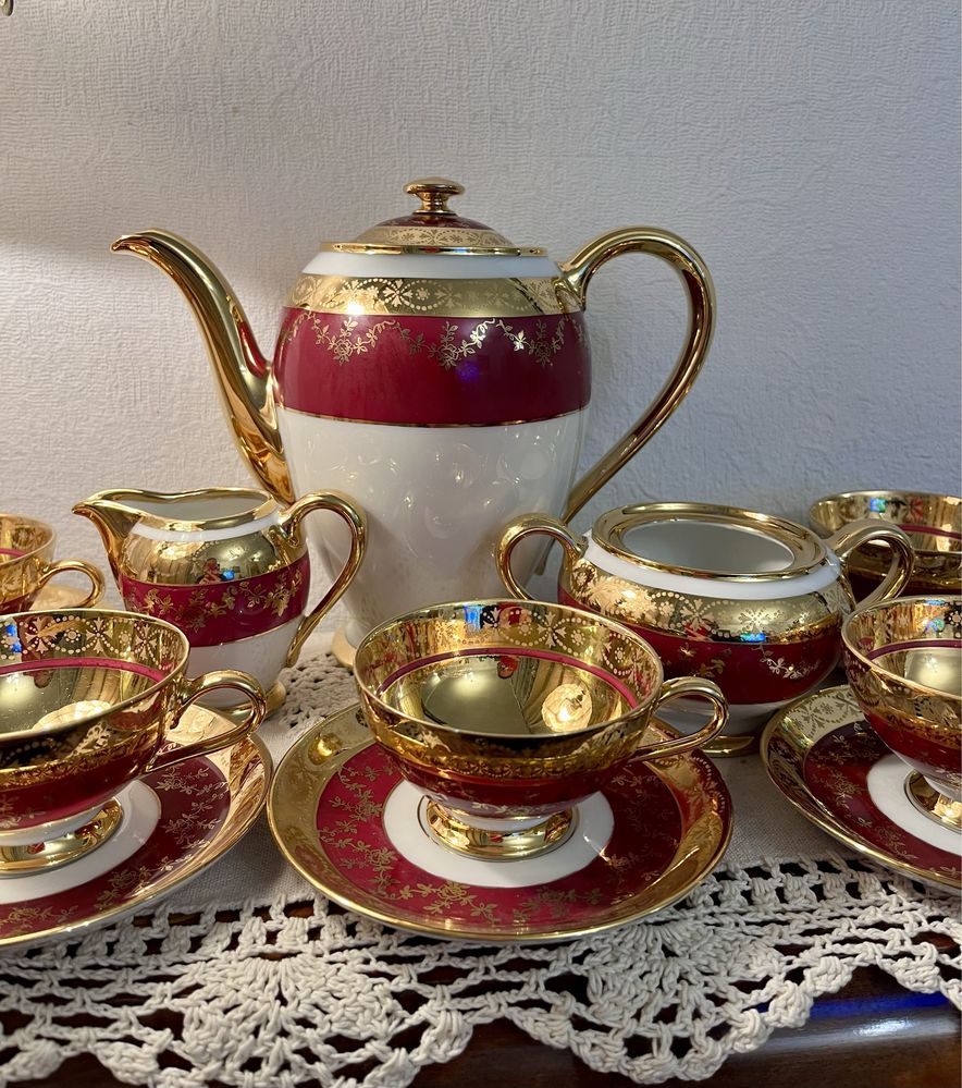 Elegancki CARLSBAD GLORIA Złoty Mocca Serwis filiżanka dzbanek Vintage