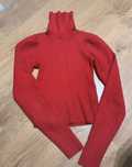 Czerwony golf sweter prążkowany bufki ciepły jesienny