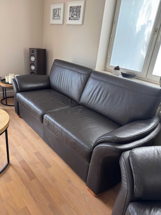zestaw wypoczynkowy ze skóry kanapa sofa rozkładana 3-osobowa 2 fotele