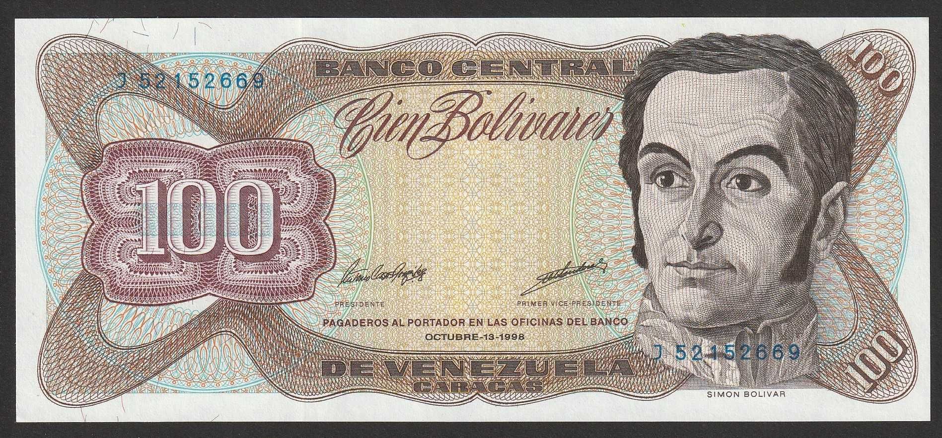 Wenezuela 100 bolivares 1998 - Simon Bolivar - stan bankowy UNC