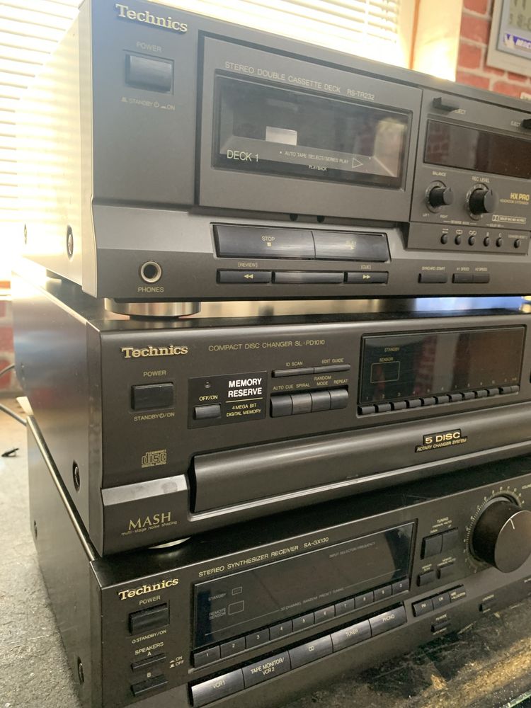 Wieża Technics, 6 elementów, gramofon, syntezator, wzmacniacz, radio