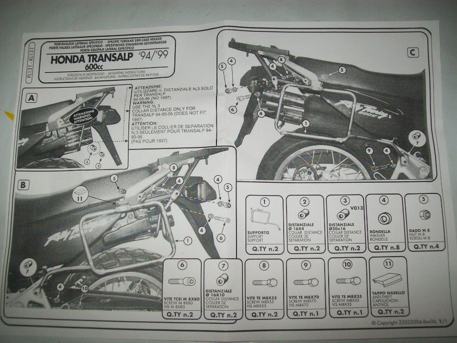 PL131 GIVI stelaż boczny HONDA XL600V Transalp ( 94>99 ) monokey KL131