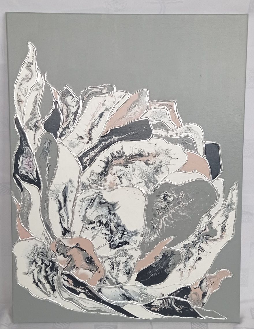 Obraz kwiat ręcznie malowany szary biały róż srebro 80x60