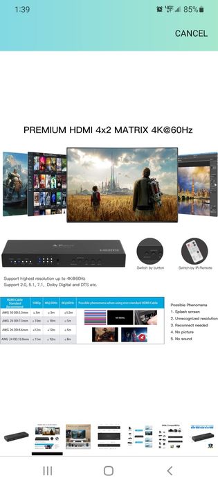 PORTTA HDMI Matrix 4x2, 4 In 2 Out 4K HDMI Matrix Switch Splitter with