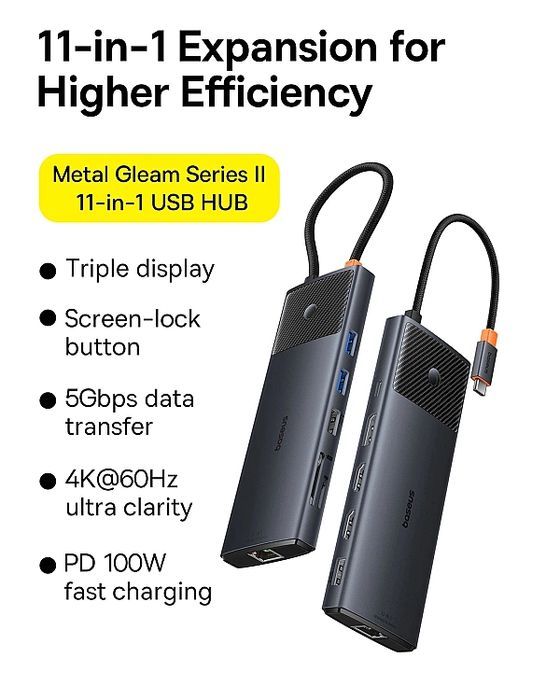 Hub Usb 11w1 Baseus Metal Gleam Series Ii Usb-a/usb-c Pd/hdmi/dp/rj45/