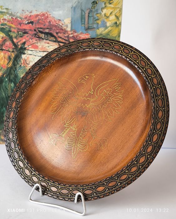 Talerz ozdobny orzeł drewniany rzeźbiony Cepelia rękodzieło  PRL 29 cm