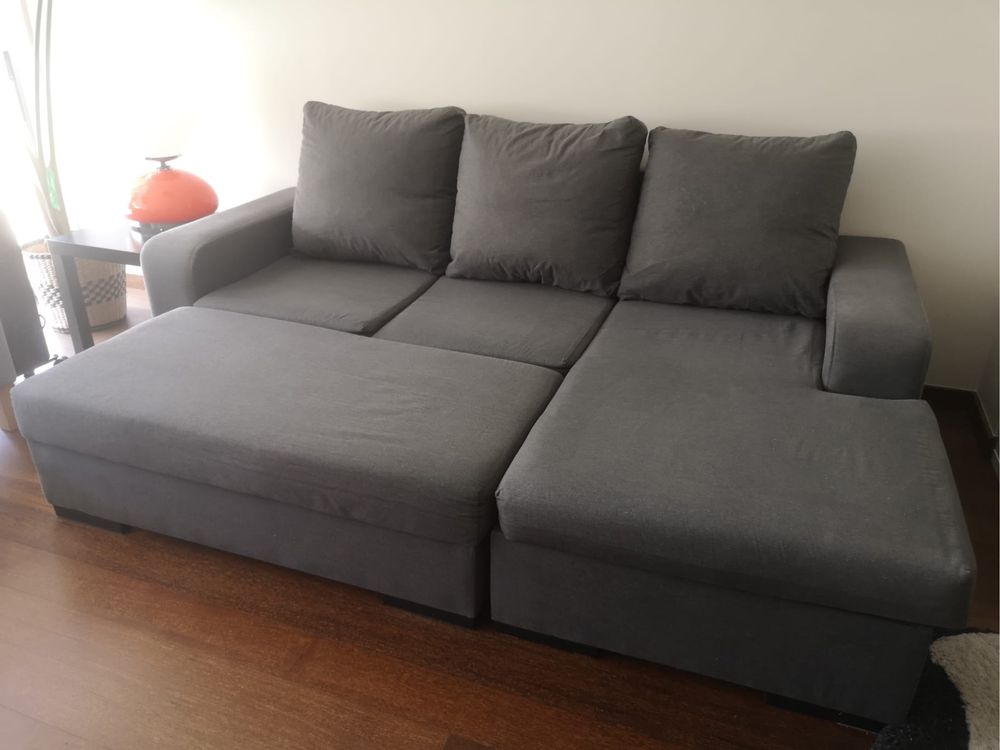 Sofa cinzento 220x150 com chaise long + puff com arrumação