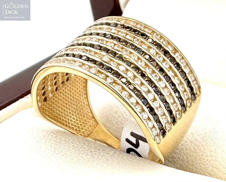 Złoty szeroki pierścionek z cyrkoniami złoto pr. 585 waga 4,37g roz.21