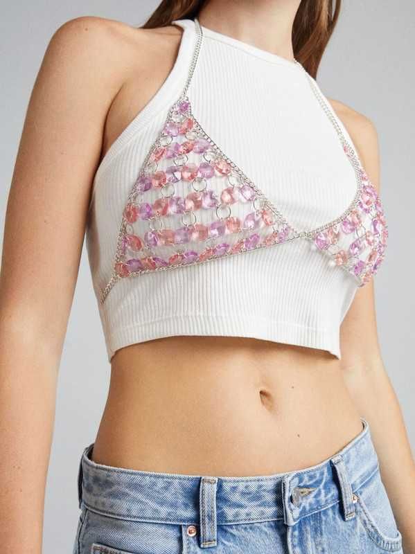 LUX Bershka crop top kryształowy biustonosz zakładany na bluzkę M