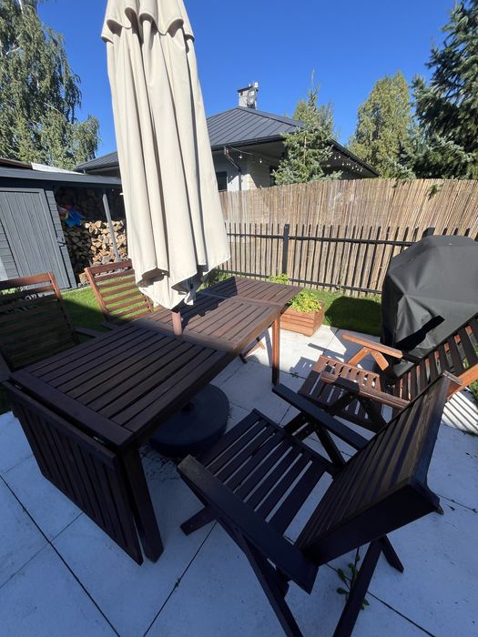 Zestaw mebli ogrodowych ikea, drewno  4+ 2, puduszki, pokrowce i impre