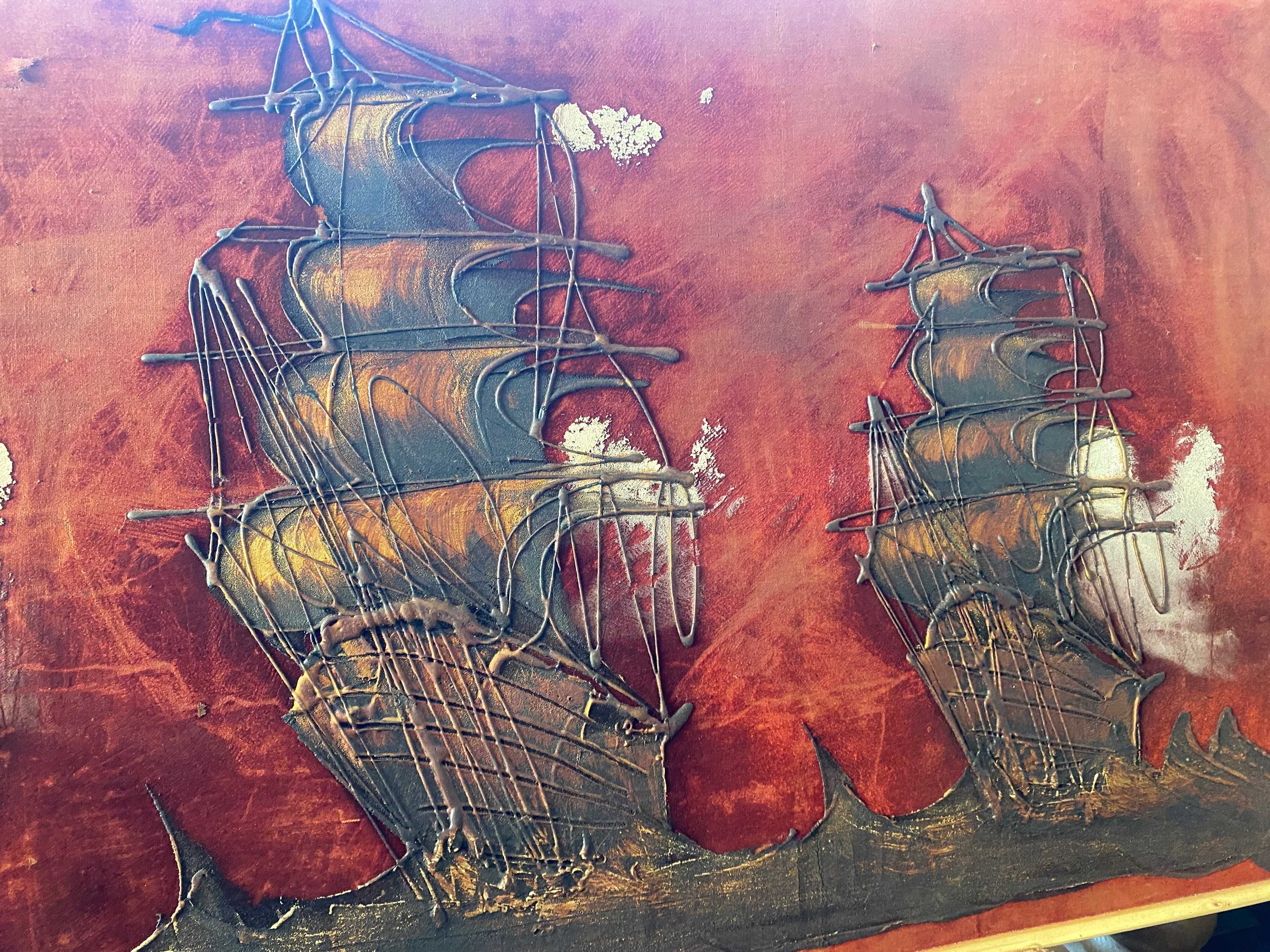 Duży obraz 3 statki welur 3D 115,5cmx55cm