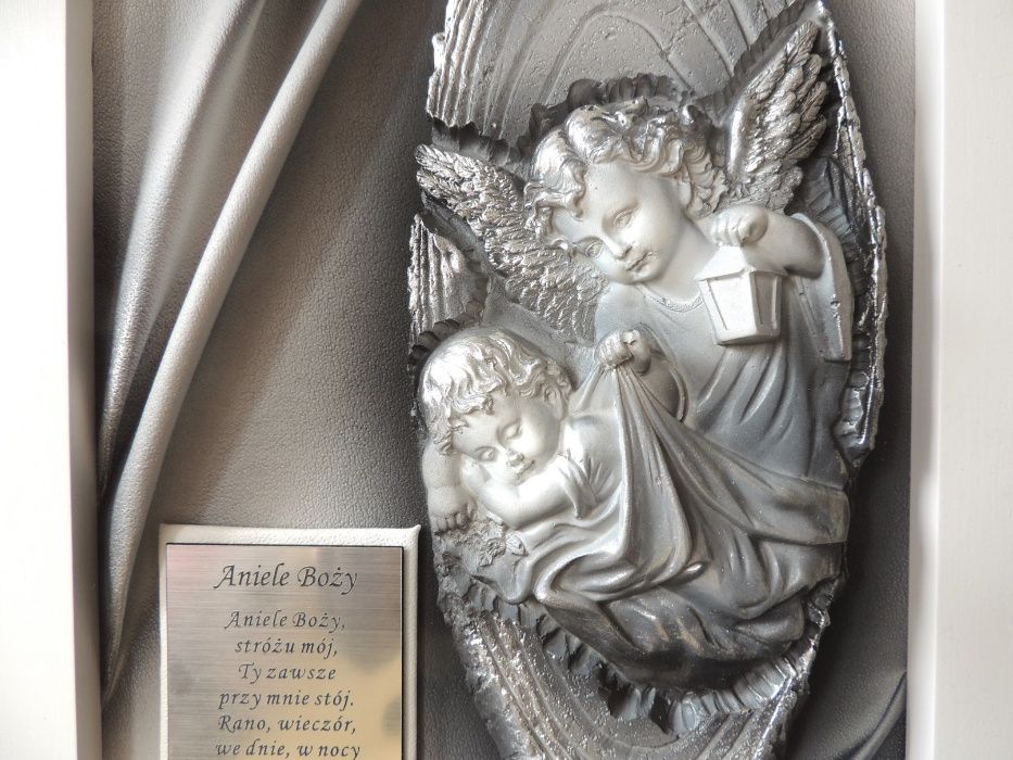 Pamiątka Chrztu posrebrzany obraz z Aniołem Stróżem  dedykacja GRAWER