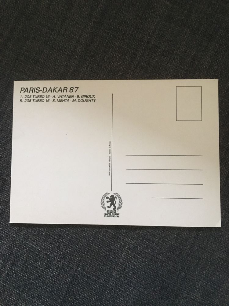 Ari Vatanen - Peugeot Dakar 87 . Postal oficial