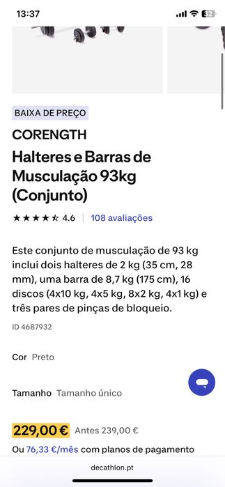 Conjunto de Halteres, barra e pesos