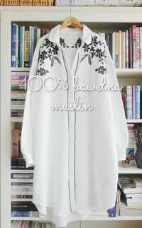 next biała koszulowa sukienka haftowane kwiaty bawełna muślin 46