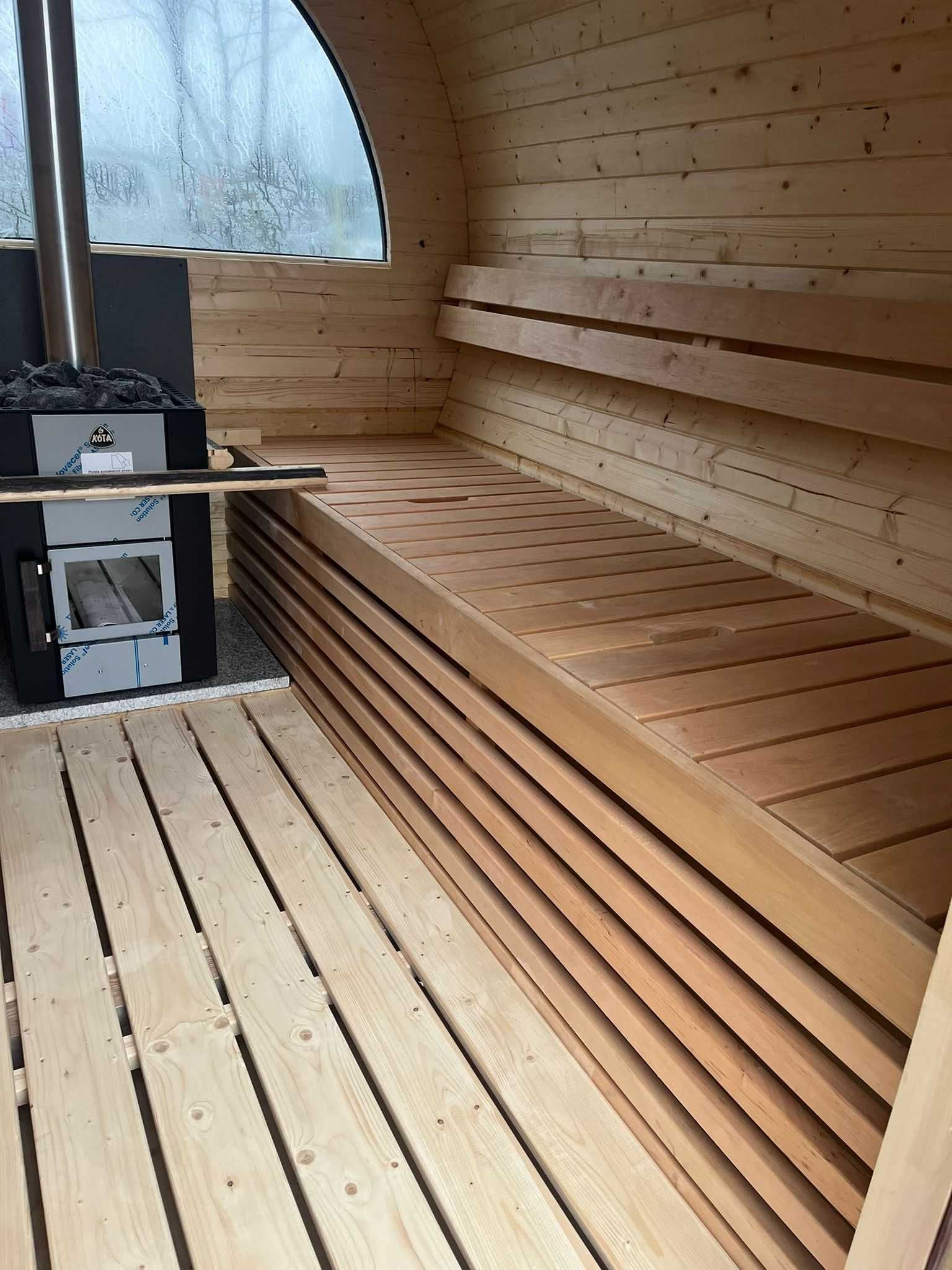 Sauna ogrodowa z piecem opalanym drewnem panorama ławeczka 1-8 osób