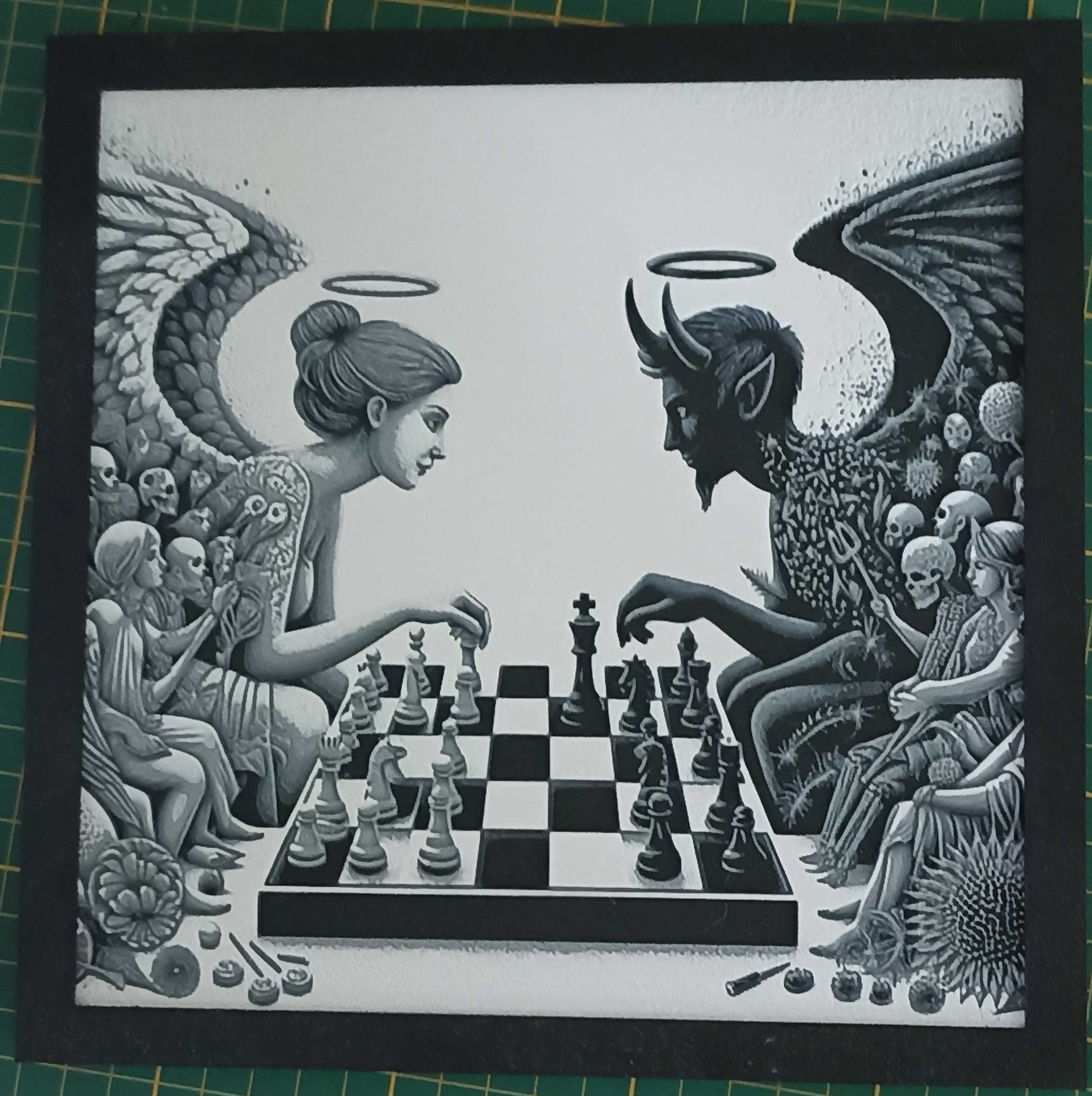 Anioł i diabeł grający w szachy Obrazek Dekoracja na ścianę Druk 3D