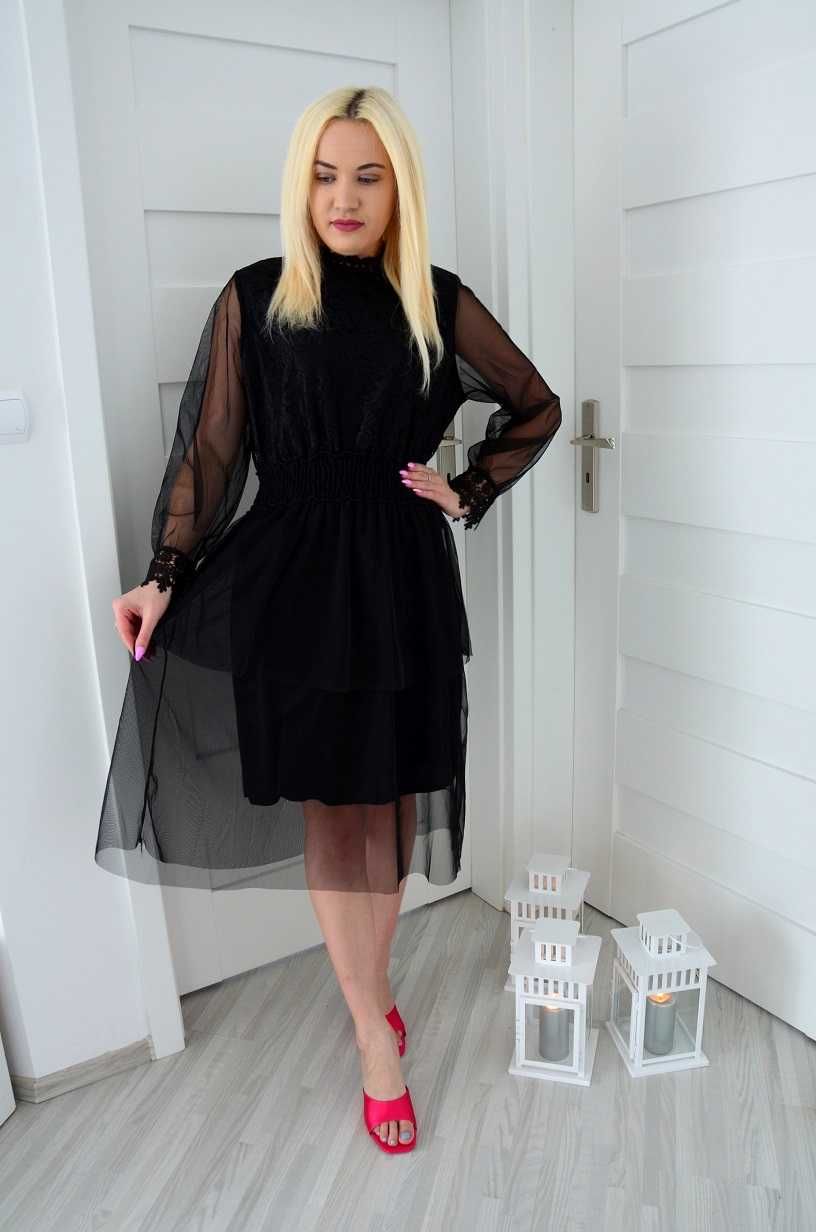 Czarna elegancka sukienka midi z koronką XL