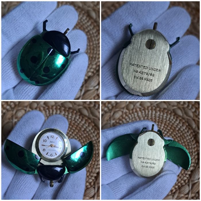 Zegarek zawieszka vintage Jufrex unikat zielona biedronka Ladybirg