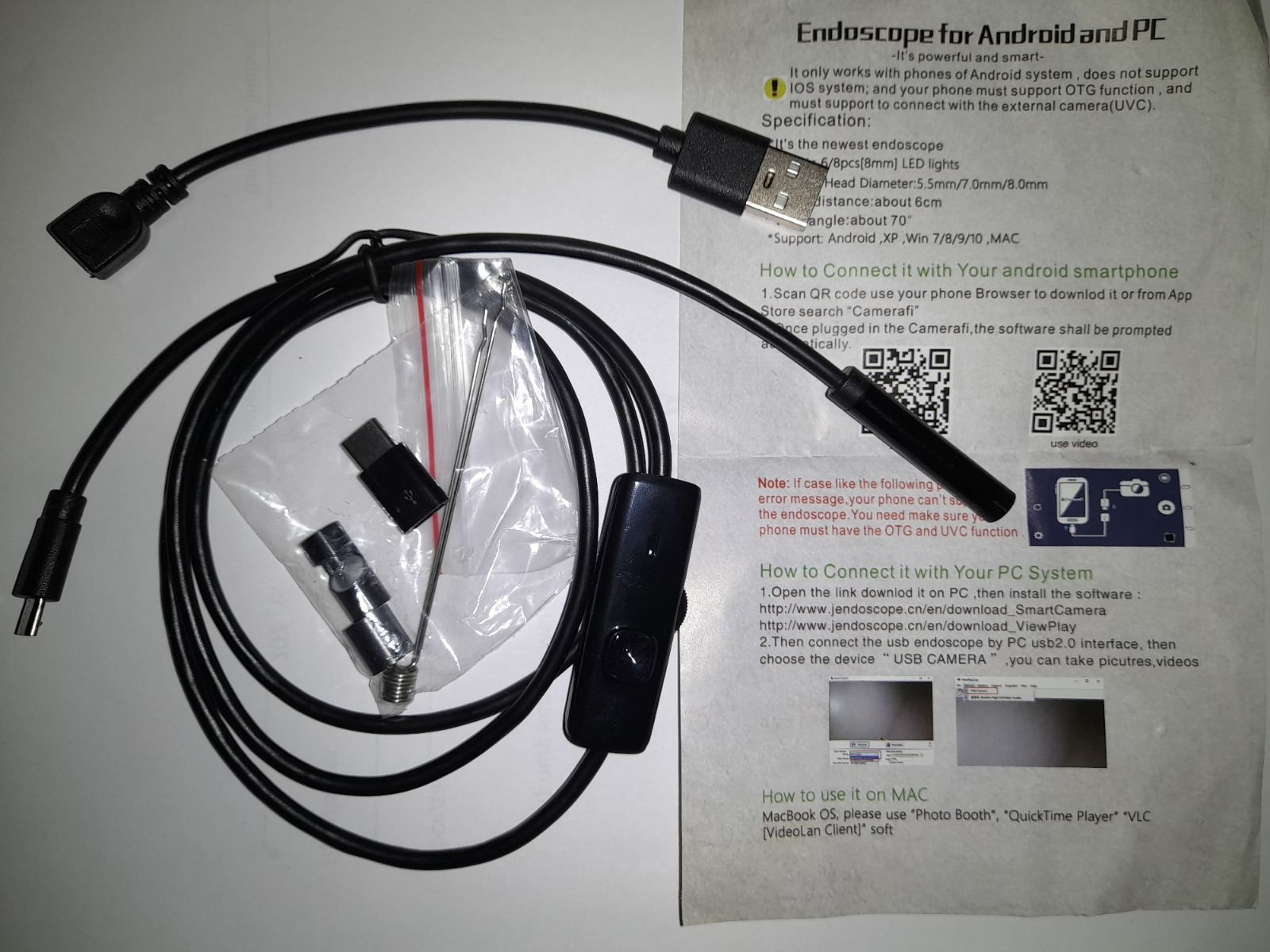 USB камера .Эндоскоп , бороскоп для Android и ПК. Длина 1.5 м. и 2 м.