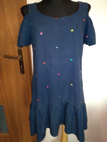 Letnia sukienka, granatowa w kolorowe kropki, 38 rozmiar