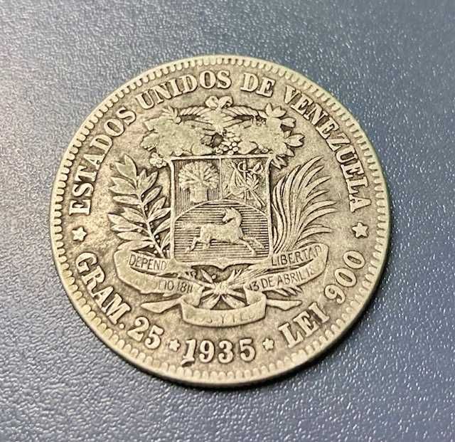 Moeda antiga Venezuela 5 bolívares, 1935