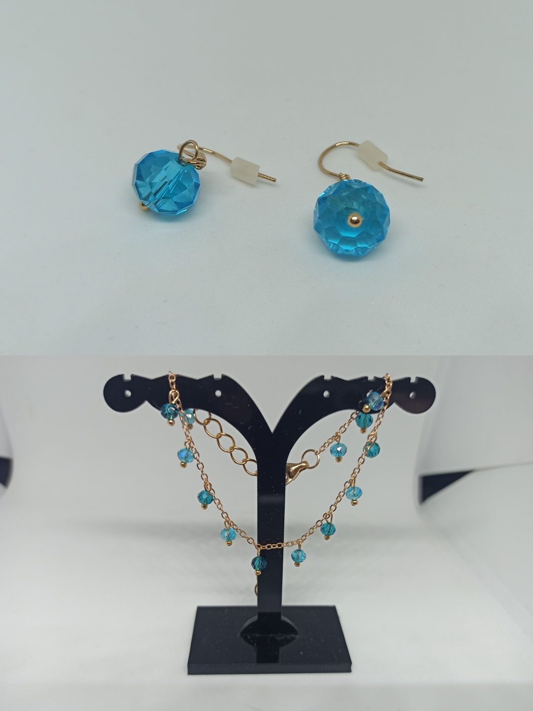 Komplet biżuterii kryształkowej: niebieskie kolczyki+bransoletka
