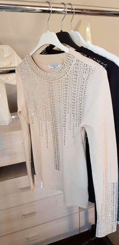 Bluza prążki dżety cyrkonie kamienie kryształy L nowa