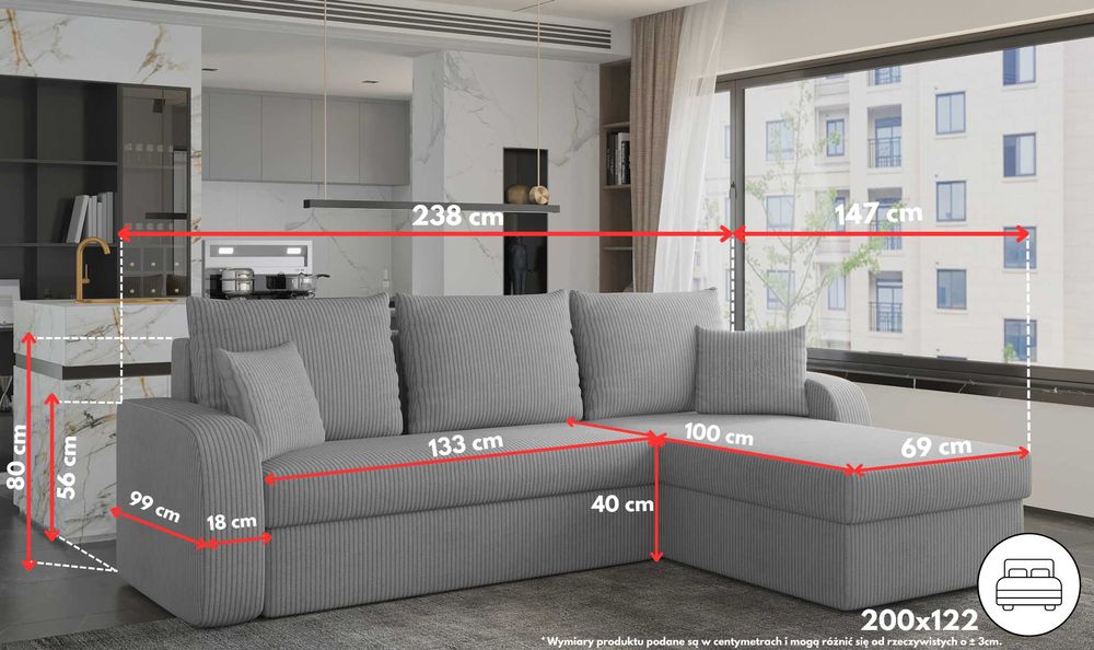 NAROŻNIK z funkcją spania nowoczesny COSMO rozkładany ROGÓWKA pojemnik