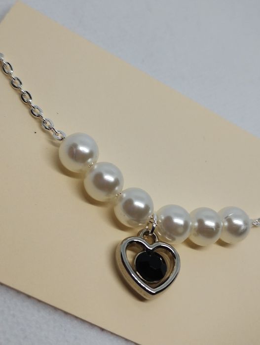 Bransoletka srebrna perły perełki serce 925 czarny