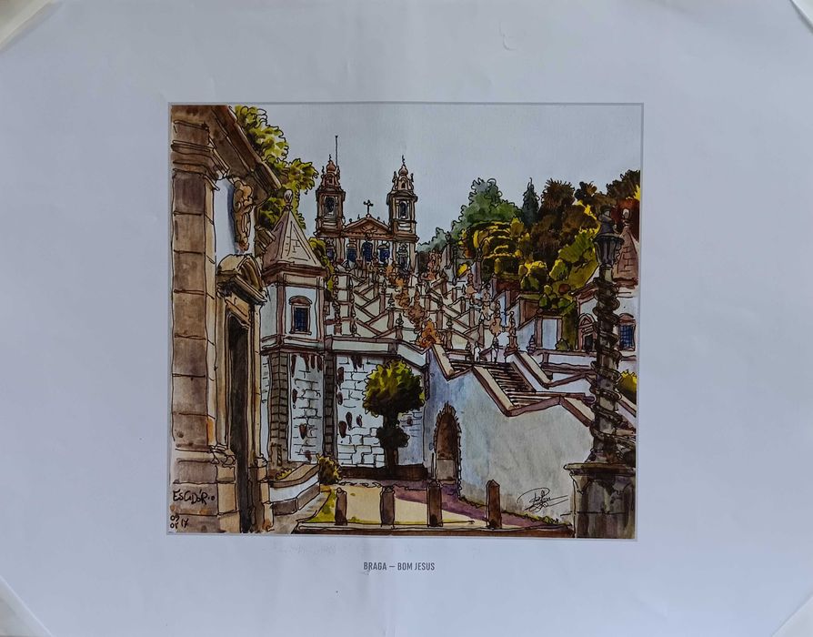 Braga em litografia de aguarela de Paulo J. Mendes