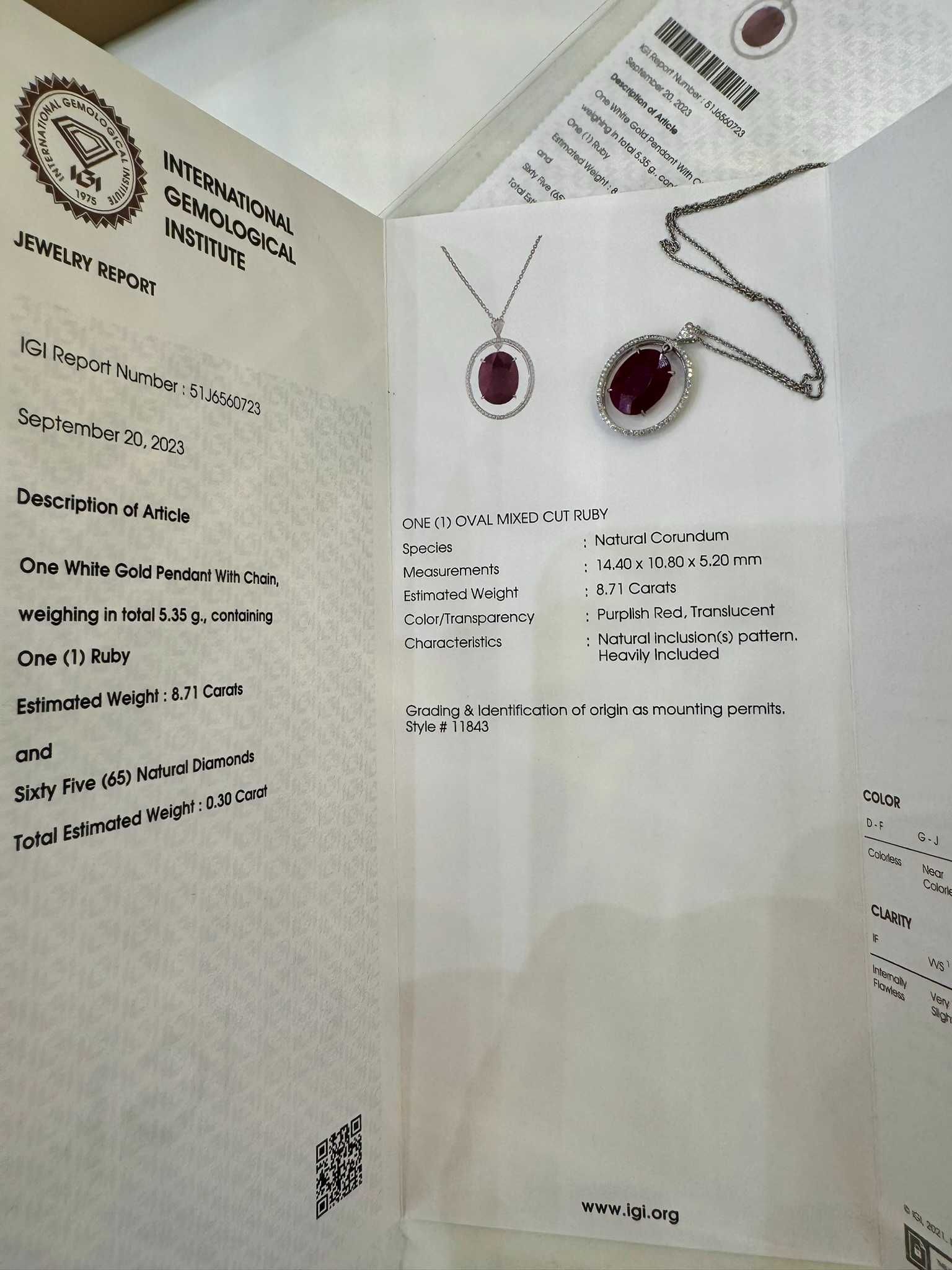 Naszyjnik wisiorek naturalny rubin 8.71 CT diamenty certyfikat IGI